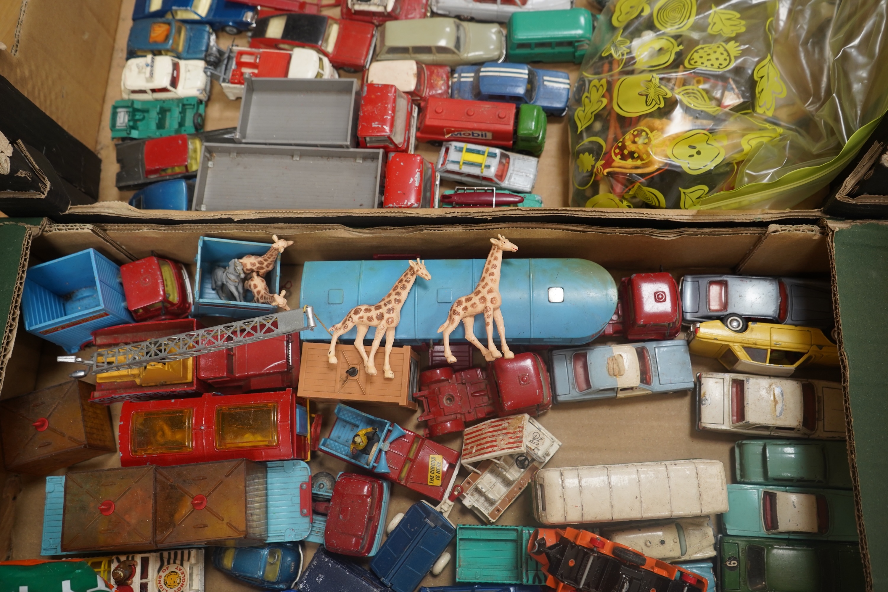 A collection of diecast vehicles by Dinky Toys, Corgi Toys, Husky, Matchbox Series, etc. including a good selection of French Dinky Toys military vehicles, original Chipperfields Circus vehicles, cars, commercial vehicle